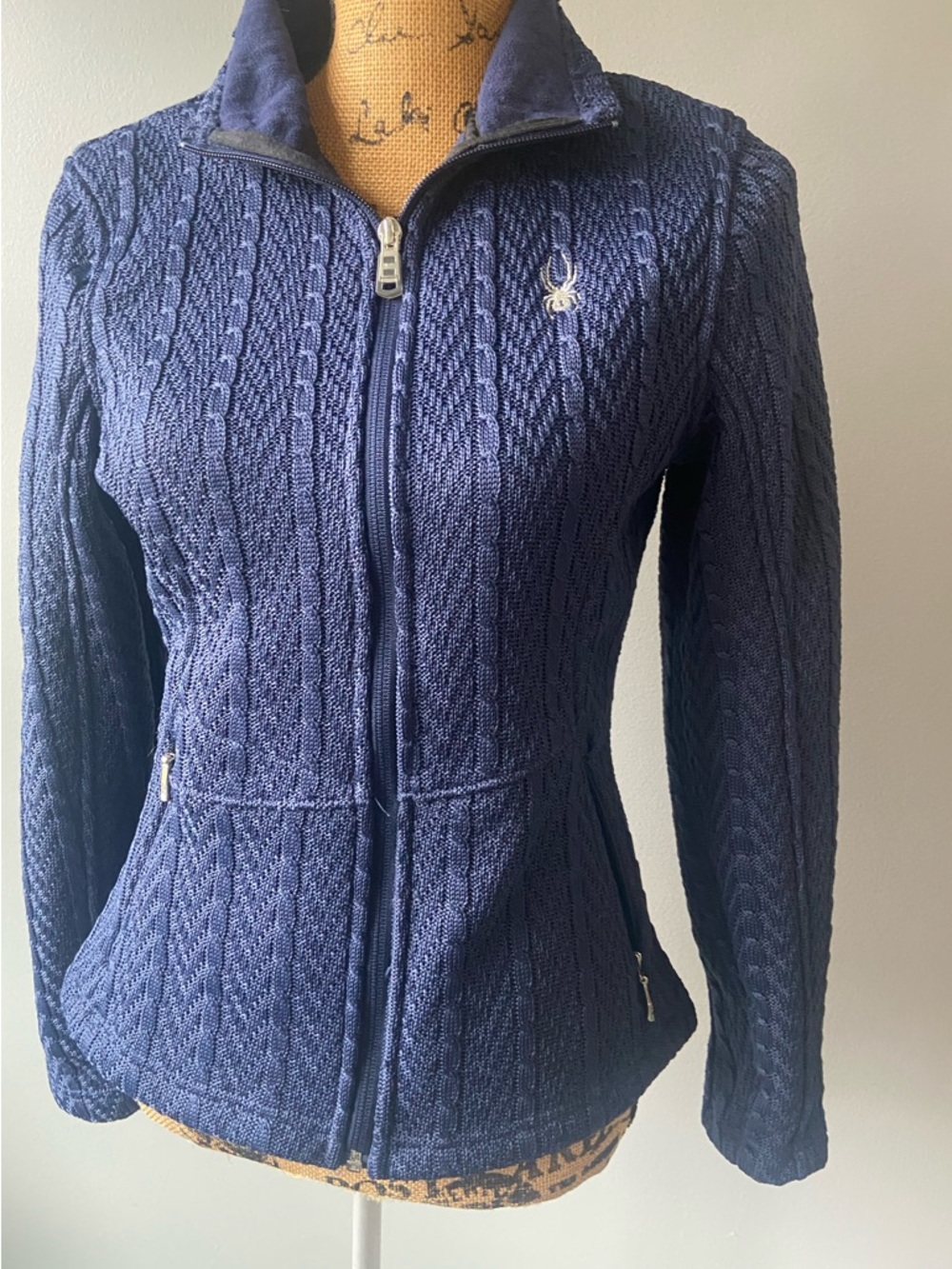 Spyder Sz M Navy Fleece Lined Women’s Knit Jacket with Embroidered Logo
